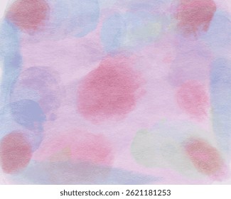 This image is a soft, pastel-toned abstract artwork with a watercolor texture. The composition features gentle, cloud-like blotches in shades of pink, red, lavender, blue, and hints of green