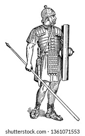 This is the image of the soldier. He is looking to the right side. The soldier wears a metal helmet, a leather doublet with shoulder pads, a metal-plated strap, vintage line drawing or engraving