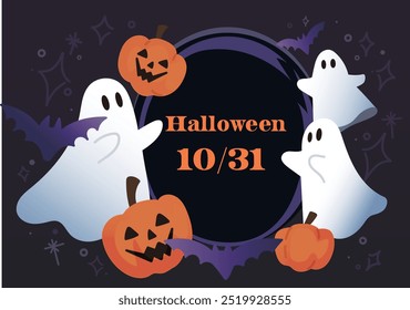 This is an image source that can be used as a card for the Halloween season. It is decorated with cute ghost, pumpkin, and bat characters.