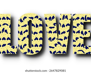 Esta imagem soletra a palavra "AMOR" em letras grandes e em negrito. Cada letra é preenchida com um padrão repetitivo de pequenos corações azuis e contornados em um fundo amarelo pálido
