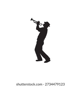 This image is a stark, black silhouette of a musician playing a trumpet. The figure wears a hat and leans back slightly, capturing a pose often associated with jazz performance. The simple, solid black form contrasts sharply against a plain white background.