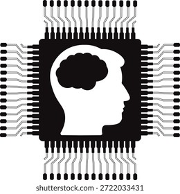 Esta imagem é uma ilustração em preto-e-branco retratando um conceito poderoso na interseção entre biologia e tecnologia. Em seu núcleo está um microchip, renderizado em um quadrado preto sólido, simbolizando a fundação do processamento digital. Dentro deste chip está uma silhueta branca de uma cabeça humana de perfil, contendo uma distinta silhueta preta de um cérebro. Numerosos pinos se estendem simetricamente de todos os quatro lados do microchip, ilustrando sua conectividade e integração dentro de um sistema maior. O visual serve como uma potente metáfora para a inteligência artificial, computação cognitiva, aprendizagem de máquina e a ambição de imbuir máquinas com processos de pensamento semelhantes aos humanos. Encapsula a ideia de tecnologia inteligente, intelecto digital e o futuro da interação homem-computador, apresentados com linhas limpas e uma estética minimalista.
