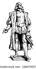 En esta imagen esta es una estatua de Colón, dibujo de línea vintage o ilustración de grabado.