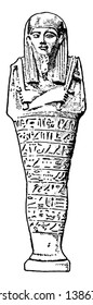 In this image a statue is depiction of the mummy, vintage line drawing or engraving illustration.