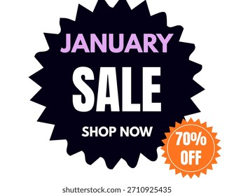 Dieses Bild ist ein auffälliger schwarzer kreisförmiger Sternenhimmel mit einem "JANUARY SALE" in Weiß und Lavendel, mit einem kleineren orangefarbenen Abzeichen in der Ecke, das "70% OFF" ankündigt, und einem "SHOP NOW" Call to Action.