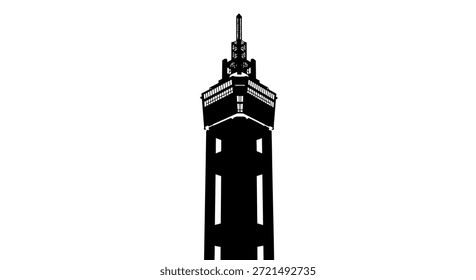 Esta Imagen es una llamativa silueta en blanco y negro de la BT Tower en Birmingham, Inglaterra. La torre de telecomunicaciones, un Lugar famoso icónico del horizonte de la ciudad, se destaca contra el blanco