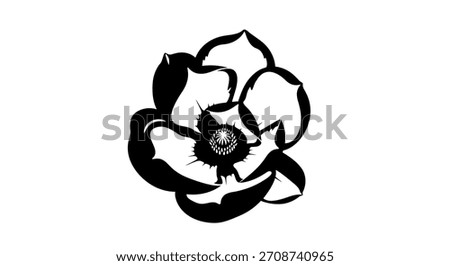 This image is a striking monochrome illustration of a flower, featuring bold black petals against a clean white background. The design showcases a blend of floral artistry and graphic elements,