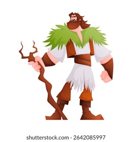 This is an image of a strong cartoon woodsman with a staff and green leafy shawl. The character is designed in a bright and colorful style, great for children.