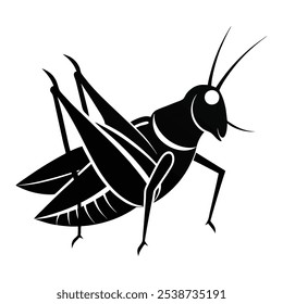 Esta Imagen es una ilustración estilizada en blanco y negro de un grillo o saltamontes. El diseño enfatiza líneas fuertes y limpias y Formas audaces, capturando las alas, antenas y patas del insecto.