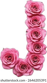 This image is a stylized depiction of the letter "J", formed by a collection of pink roses, arranged to create the shape of the letter against a white background.