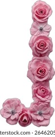 This image is a stylized letter "J" formed by an arrangement of pink roses and other pink flowers, creating a floral design.