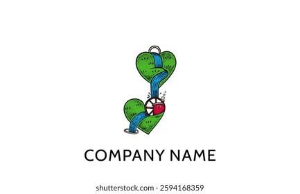 This image is a stylized logo featuring two hearts, a waterfall and a water wheel.