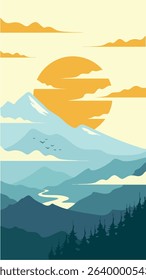 This image is a stylized, minimalist illustration of a serene landscape. It depicts a calm body of water, likely a lake or river or farm.