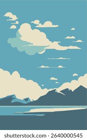 This image is a stylized, minimalist illustration of a serene landscape. It depicts a calm body of water, likely a lake or river or farm.