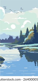 This image is a stylized, minimalist illustration of a serene landscape. It depicts a calm body of water, likely a lake or river or farm.