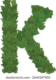 This image is a stylized representation of the letter "K" formed by a collection of overlapping green leaves, creating a textured and organic appearance.