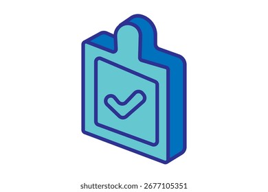 Esta Imagen es un ícono estilizado y tridimensional de una etiqueta de verificación o una etiqueta de tarea completada. El cuerpo principal de la etiqueta es un sólido, azul claro, con una marca de verificación prominente en el centro