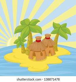 This is a  image of a summer sun over a small island with  palm trees.