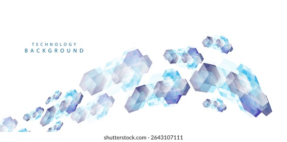 This image is a technology-themed background, using a blue and white color scheme that gives it a modern and professional feel. The illustration features transparent mosaic cubes and geometric shapes.