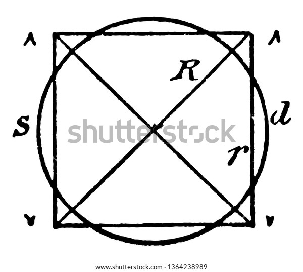 In this image that shows the shape of the\
circle and the square and both forms are connected to each other\
and two lines are divided into both forms, vintage line drawing or\
engraving illustration.