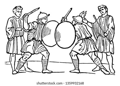 In this image there are 4 people. There are some weapons in the hands of people. Two people are wearing the cap on their heads, vintage line drawing or engraving illustration.