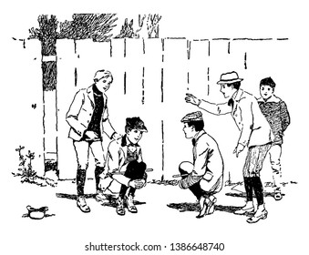 In this image there are five boys who are playing Cock-Fighting. Cock-Fighting is a game which is very popular, vintage line drawing or engraving illustration.