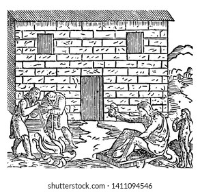 In this image there is a house. In front of the house there are several workers. These are the Peruvian metal workers, vintage line drawing or engraving illustration.