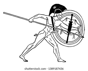 In this image there is a large shield and a spear in the hands of a man, vintage line drawing or engraving illustration.