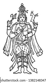 In this image there is Lord Shiva. He is an important place in Hinduism, vintage line drawing or engraving illustration.