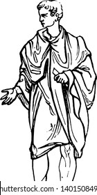 In diesem Bild befindet sich ein Mann im Stehmodus. Dieser Mann zeigt etwas mit einer Hand, Vintage-Linien-Zeichnung oder Gravitation-Illustration.