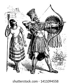 In this image there is a man together with women. Man is an Aztec warrior and woman, vintage line drawing or engraving illustration.