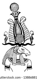 In this image there is a man who is like a sheep and he is wearing a big crown on his head, vintage line drawing or engraving illustration.