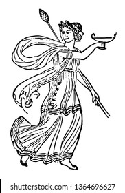 In this image there is Roman Bacchhante. Roman Bacchhante holding a thyrsus and a glass of wine, vintage line drawing or engraving illustration.