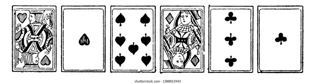 In this image there are row of playing cards. This is very famous game, vintage line drawing or engraving illustration.