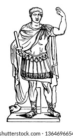 In diesem Bild ist eine Statue. Dieser Mann hält seine rechte Hand in der Luft. Dieser Mann trägt die schönen Designer-Stoffe, Vintage-Linien-Zeichnung oder Gravur-Illustration.