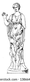In this image there is a statue of a woman who feels like a tree, vintage line drawing or engraving illustration.
