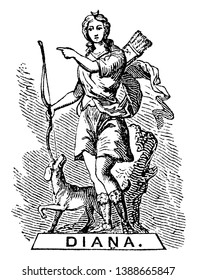 In this image there is a statue of a woman, she has a bow arrow in her hand and a sharp bag on her back and a dog with her, vintage line drawing or engraving illustration.