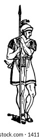 In this image there are three Roman soldiers. They are with weapons in their hands, vintage line drawing or engraving illustration.
