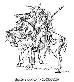 En esta imagen hay dos jinetes sentados en la parte trasera del caballo. Un hombre le muestra algo a otro hombre usando su dedo, dibujo vintage o ilustración grabadora.