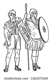 In this image there are two Roman soldiers. Roman soldier standing with spears and shields, vintage line drawing or engraving illustration.