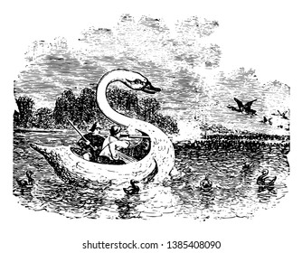 In this image two hunters are hunting of birds, those are seating on a boat in big river, vintage line drawing or engraving illustration.