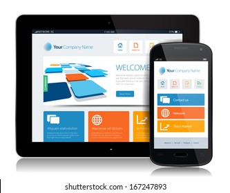 This image is a vector file representing a smartphone  and a tablet with a responsive design website. / Smartphone Tablet Internet / Smartphone Tablet Internet