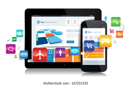 This image is a vector file representing a smartphone  and a tablet with a responsive design website surrounded by apps.