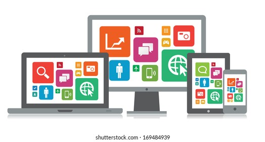 This image is a vector file representing a set of media technology devices with app icons. / Media Technology App / Media Technology App