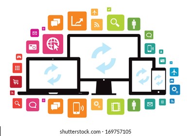 This image is a vector file representing a set of media technology devices with app icons. / Laptop Desktop Tablet Smartphone App Cloud Sync / Laptop Desktop Tablet Smartphone App Cloud Sync