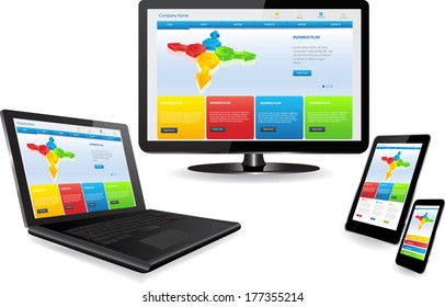 This image is a vector file representing a responsive design concept on various media devices./Responsive Design Concept/ Responsive Template Design 