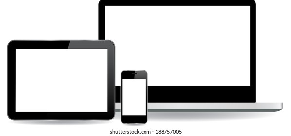 This image is a vector file representing a realistic Laptop, Tablet and Phone Vector Devices./ Vector Set of Laptop Tablet and Phone/ Set of Laptop Tablet and Phone