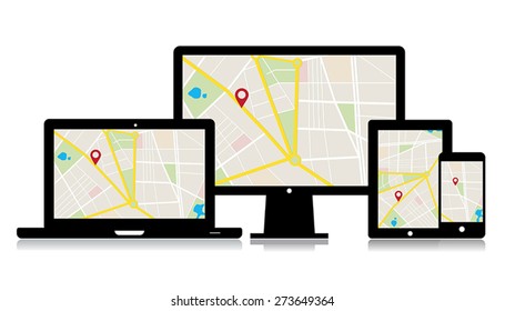 This image is a vector file representing a set of media technology devices with map location app./Vector Gadgets Map Location/Vector Gadgets Map Location