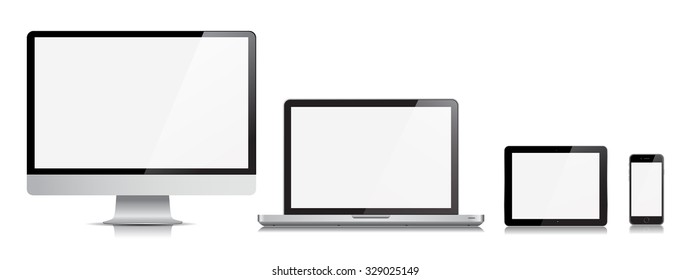 This image is a vector file representing a realistic Monitor, Computer, Laptop, Tablet and Phone Vector Devices./ Vector Set of Monitor Laptop Tablet and Phone/ Set of Monitor Laptop Tablet and Phone