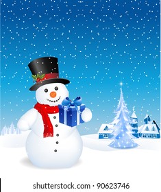 This image is a vector file representing a 3d happy snowman with a gift,  all the elements can be scaled to any size without loss of resolution.